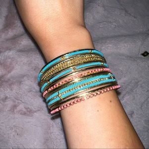 NEW anthropologie bangles/bracelet set, gold/pink/turquoise boho style
